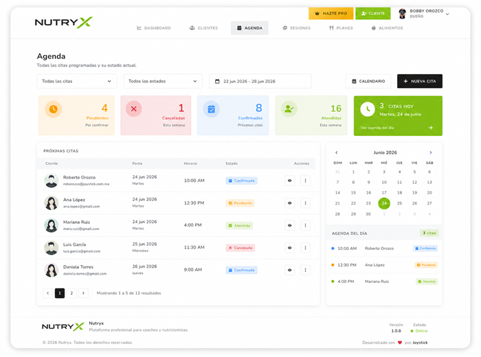 Agenda de Nutryx con citas, filtros, estados y calendario